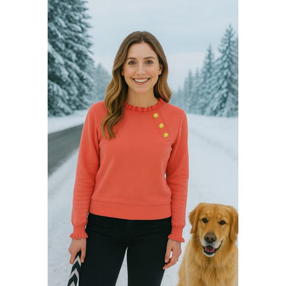 Talbots SZ L 100% Cotton Ruffle Trim Raglan Sweatshirt Coral Pink Gold Buttons - Picture 1 of 7